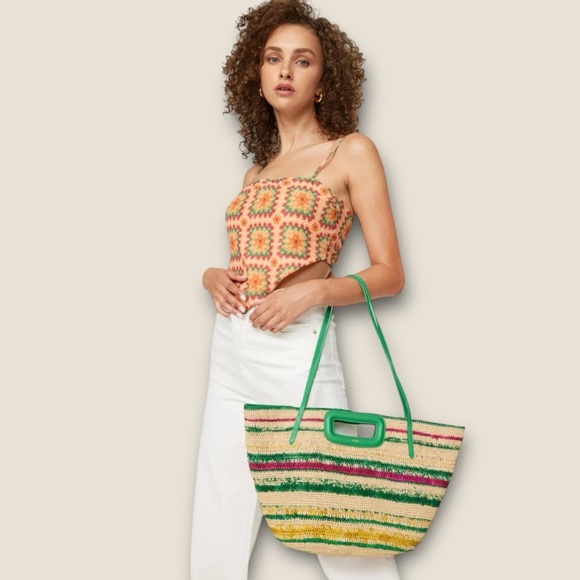 Maje Striped Raffia and Leather Basket Bag. Large Multicolor. #1550 NWT - Picture 1 of 8